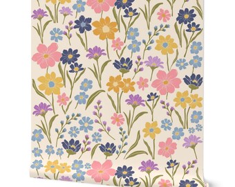 Whimsical Wildflower Garden Wallpaper – Cottagecore Botanical Print for Nursery and Girl's Bedroom