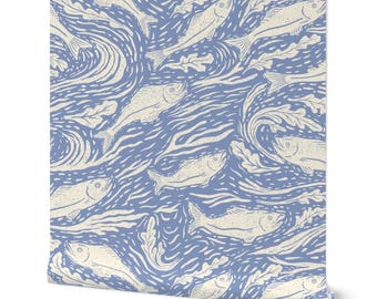 Linocut Fish Coastal Folk Art Woodcut-style, Nautical Cottagecore, Soft Blue & Cream Swimming Fish Pattern