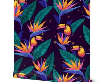Toucan & Bird of Paradise Renter-Friendly Wallpaper | Tropical Jungle | Purple Navy Gold Wallpaper |  Home Decor Wallpaper