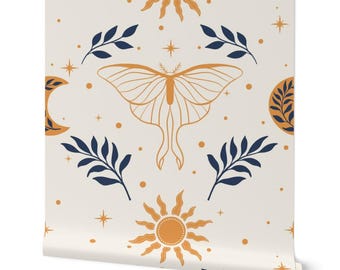 Celestial Luna Moth Peel and Stick Wallpaper | Cream, Navy & Gold Mystical Pattern Light Pattern