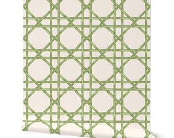 Sage Green Cane Weave Wallpaper: Coastal Grandma Lattice Print (Peel and Stick) Removable Wallpaper
