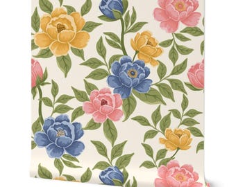 Painterly Peony Garden — Blue Pink Gold Floral on Cream, Cottagecore Botanical, Hand-Drawn Peony