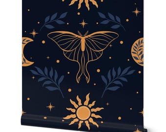 Celestial Luna Moth Peel and Stick Wallpaper | Navy Blue & Gold Mystical Pattern Dark Pattern