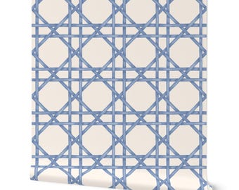 Hand-Drawn Bamboo Cane Weave – Periwinkle Blue on Cream – Geometric Lattice – Tropical Coastal