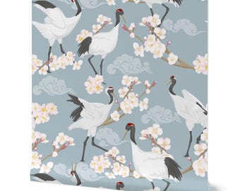 Chinoiserie Dancing Cranes Cherry Blossom Chinese Garden Blue for Nursery Bedroom