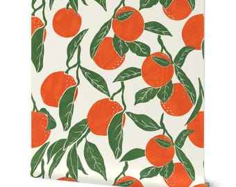 Wood Block Textured Botanical Orange Citrus Print – Maximalist Fruit Kitchen Decor (Peel and Stick) Removable Wallpaper