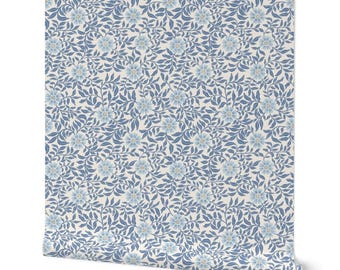 Soft Blue Botanical Floral Monochromatic Cottagecore Vintage Leaf and Flower Wallpaper