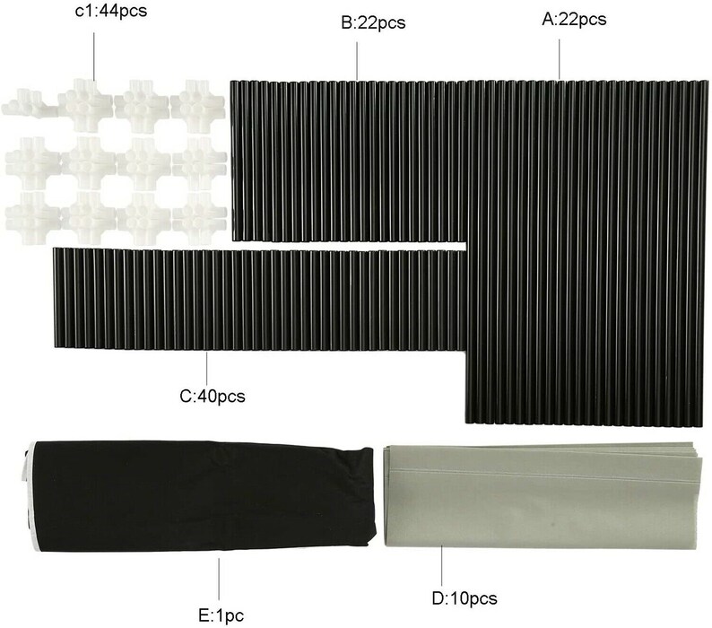 Puede incluir: Un conjunto de piezas de pl&aacute;stico blanco y negro para construir un sistema de almacenamiento modular. El conjunto incluye 44 piezas de conexi&oacute;n blancas, 40 varillas negras y 22 varillas negras de dos longitudes diferentes. El conjunto tambi&eacute;n incluye una bolsa de almacenamiento de tela negra y una bolsa de almacenamiento de tela gris.