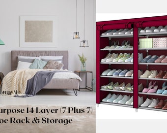 Puede incluir: Un zapatero de tela color burdeos con 14 estantes, cada uno con capacidad para varios pares de zapatos. El zapatero es independiente y tiene un fondo blanco. El texto "Multi-Purpose 14 Layer (7 Plus 7) Shoe Rack & Storage" está en la parte inferior de la imagen.