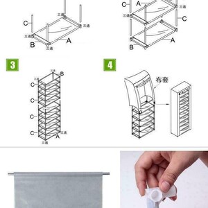Puede incluir: Diagrama que muestra c&oacute;mo ensamblar un zapatero de metal. El zapatero est&aacute; hecho de varillas de metal y tiene una cubierta de tela. El diagrama muestra los pasos para ensamblar el zapatero, incluyendo c&oacute;mo conectar las varillas y sujetar la cubierta de tela. El diagrama tambi&eacute;n muestra el producto terminado, que es un zapatero alto y estrecho.