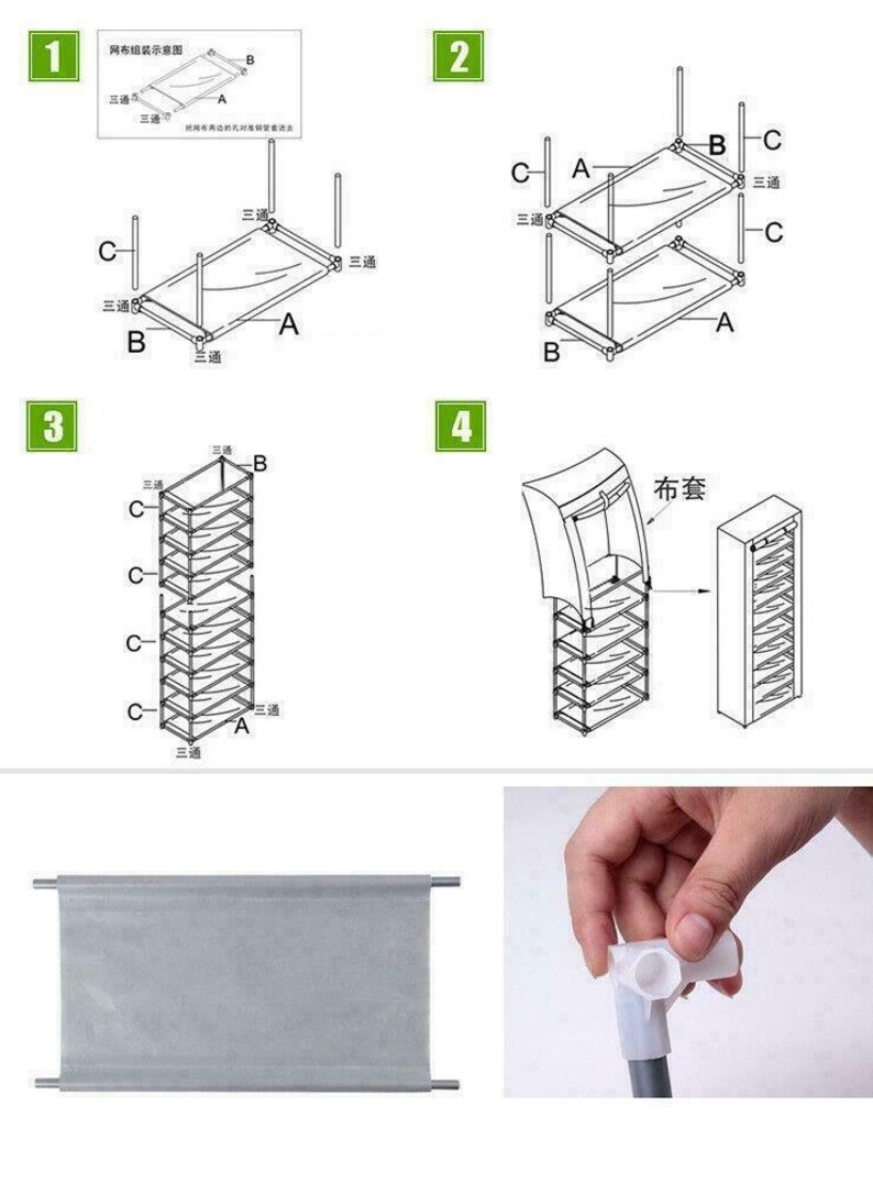 Puede incluir: Diagrama que muestra c&oacute;mo ensamblar un zapatero de metal. El zapatero est&aacute; hecho de varillas de metal y tiene una cubierta de tela. El diagrama muestra los pasos para ensamblar el zapatero, incluyendo c&oacute;mo conectar las varillas y sujetar la cubierta de tela. El diagrama tambi&eacute;n muestra el producto terminado, que es un zapatero alto y estrecho.