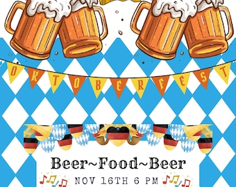 Puede incluir: Una invitación a una celebración de Oktoberfest con un fondo a cuadros azul y blanco. La invitación presenta una bandera alemana, jarras de cerveza y el texto "Beer~Food~Beer", "NOV 16TH 6 PM", "123 LOS ANGELES LN", "LOS ANGELES" y "Dress Code: Hawaiian".