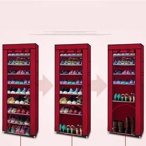 Puede incluir: Zapatero de tela rojo con seis estantes, cada uno con capacidad para varios pares de zapatos. El zapatero es independiente y tiene una cremallera.