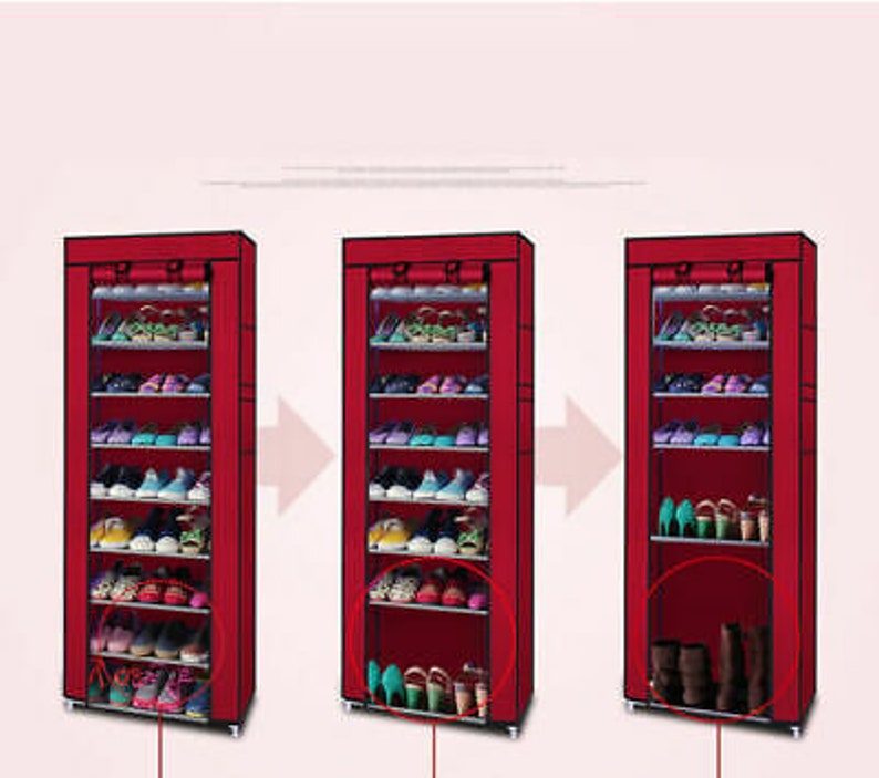 Puede incluir: Zapatero de tela rojo con seis estantes, cada uno con capacidad para varios pares de zapatos. El zapatero es independiente y tiene una cremallera.