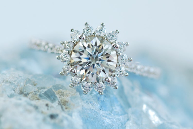 Sunflower Moissanite Ring 1 ct Moissanite Halo Engagement image 1