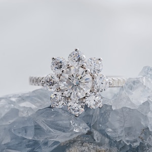 Ready to Ship - Size 7 3/4 Flower Moissanite Ring, 1 ct Moissanite Halo Engagement Ring