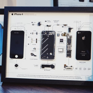 Disassembled iPhone Art With Frame, Disassemble Art, Framed iPhone 4, iPhone 4 Frame Wall Art, Unique Gift For Him, Gift For Apple Fans