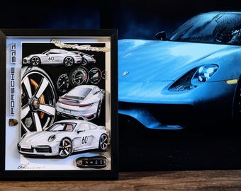 Porsche 911 3D Paper Art with Real Key, Multi Layer Paper Art,Real Porsche Key Display, Gift for Him, Porsche 911 Decor, Handmade