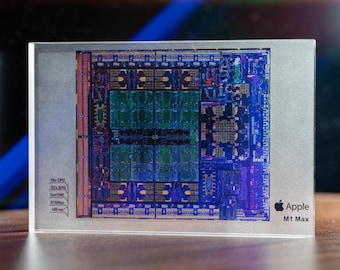 Arte em resina do chip Apple M1 Max, exibição da arquitetura de silício, decoração moderna de tecnologia da computação, item de colecionador para mesa, presente para ele.