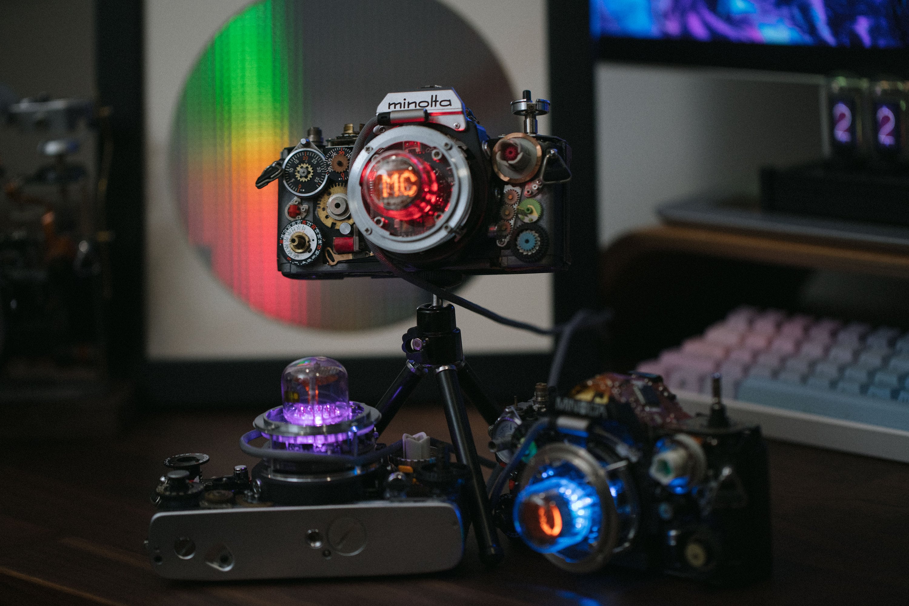 Disassembled Mechanical Film Camera, Cyberpunk Deconstructed