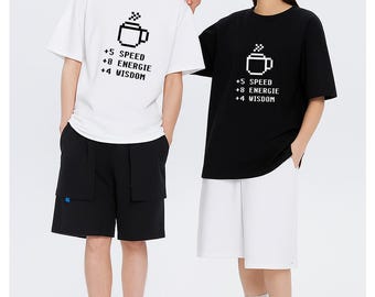 Coffee Cup Pixel Art T-Shirt, Funny Gamer Energy Tee, Black Retro Graphic Shirt, Geek Nerd Gift, Casual Unisex Cotton Top