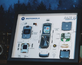 Disassembled Motorola RAZR V3 Frame Art, Disassemble Art, Framed Motorola Phone, Gift For Him, Cool Wall Art