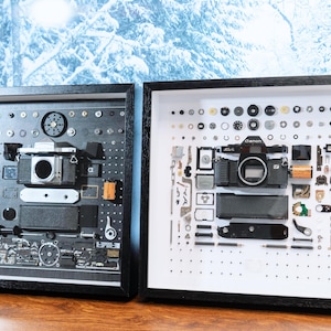 Disassembled Canon Nikon Pentax Camera with Frame, Deconstructed Camera Art, Framed Camera Teardown, Modern Wall Decor, Home Office Decor