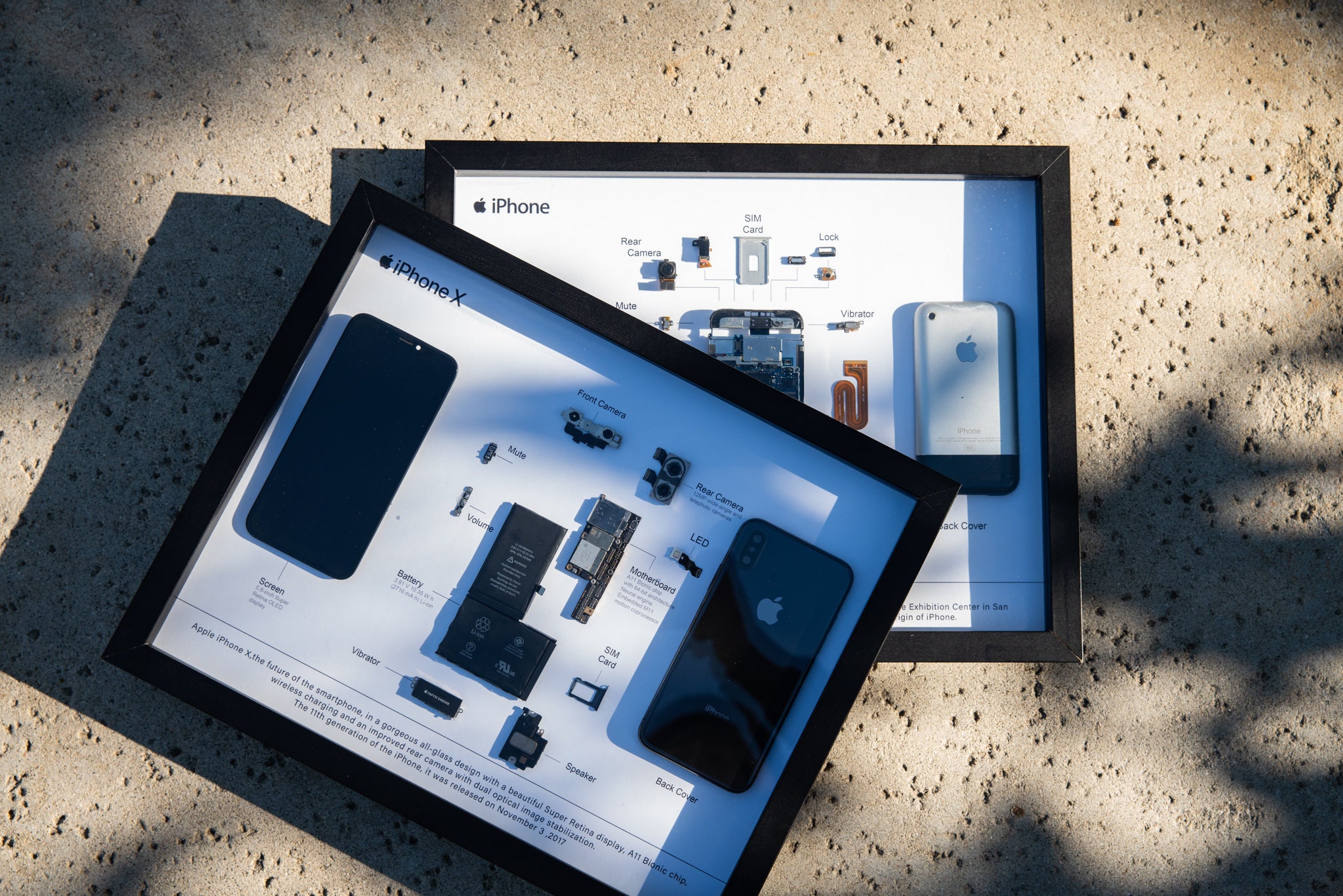 Disassembled iPhone Art Bundle (iphone 1 & iPhone X), Framed