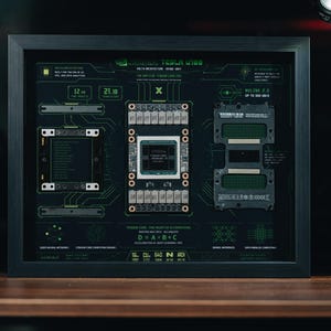 Könnte beinhalten: Ein schwarz gerahmtes Display mit einer zerlegten NVIDIA Tesla V100 Grafikprozessoreinheit. Die zentrale Leiterplatte ist von technischen Diagrammen, grünem Text und Komponentenbeschriftungen auf dunklem Hintergrund umgeben, die die Volta-Architektur zeigen.