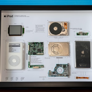 Disassembled iPod Classic Art With Frame, Deconstructed iPod 4, Framed 4th Generation iPod Classic Teardown, Apple Fan Gift, Home Decor