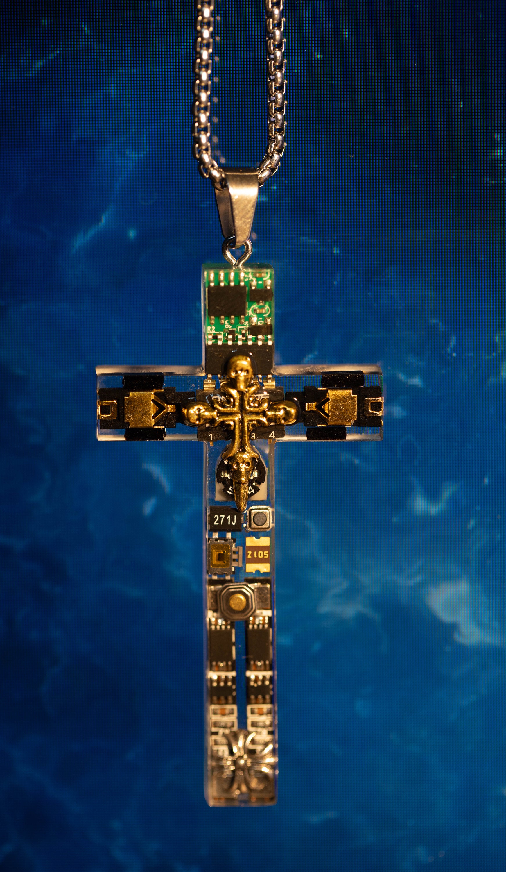 Cyberpunk Necklace With Large Cross Pendant, Unique Circuit