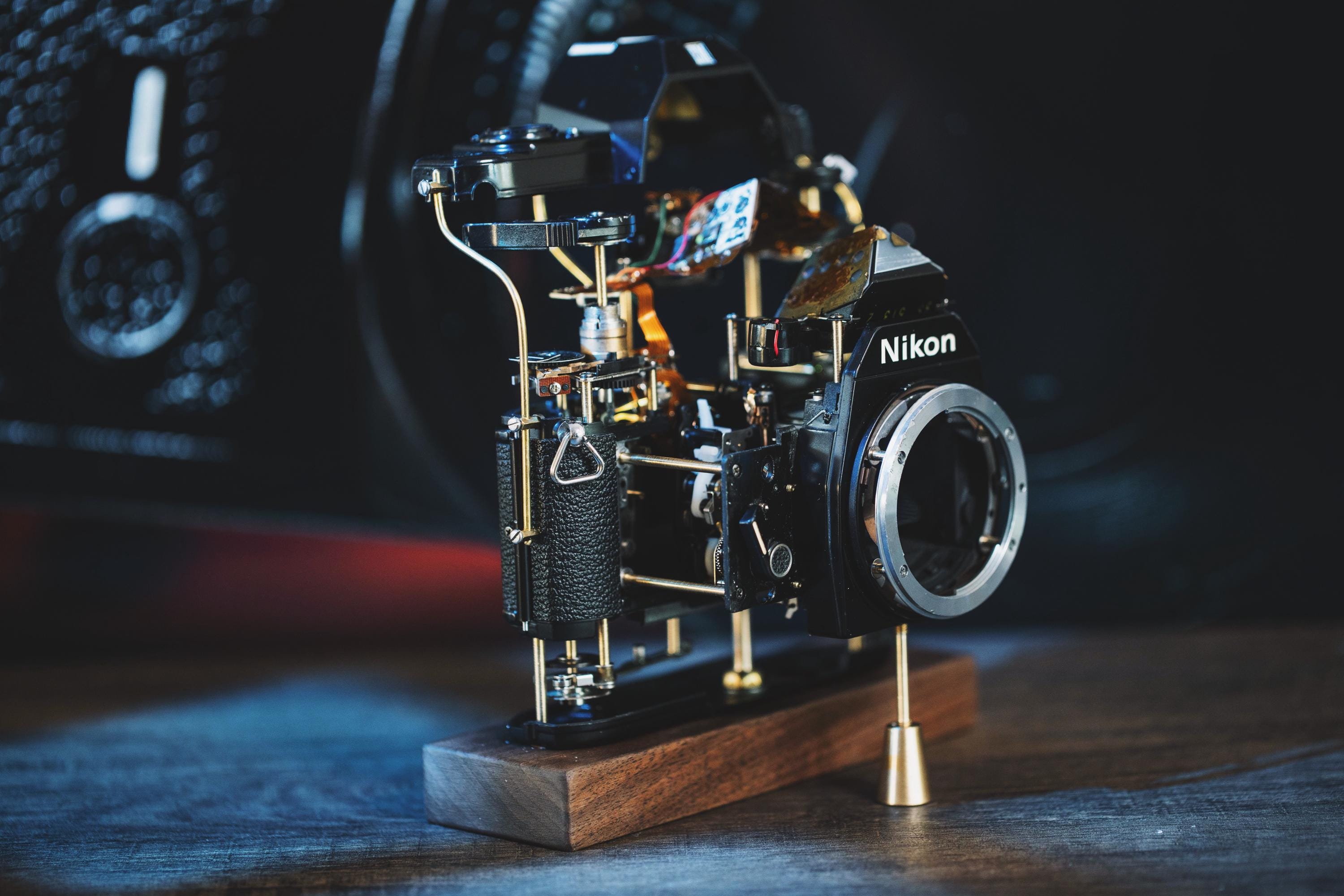 Disassembled Mechanical Film Camera, Deconstructed Nikon EM, Nikon FG ...