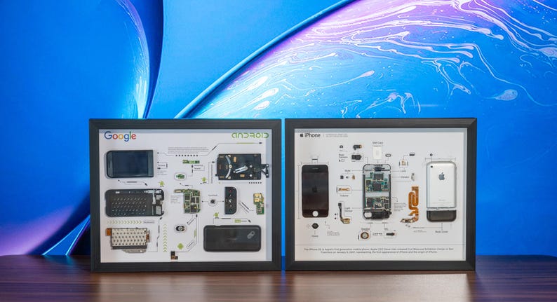 Lote de arte de teléfono desmontado (iPhone 1 y HTC Dream G1), lote de teléfono enmarcado, desmontaje de teléfono iOS y Android, arte mural para teléfono, decoración del hogar imagen 2