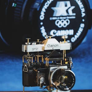 Disassembled Mechanical Film Camera, Deconstructed Canon AE-1 Canon FT, Canon Camera Disassembly, Home Decor, Camera Art, Camera Teardown Canon FT & Cut lens