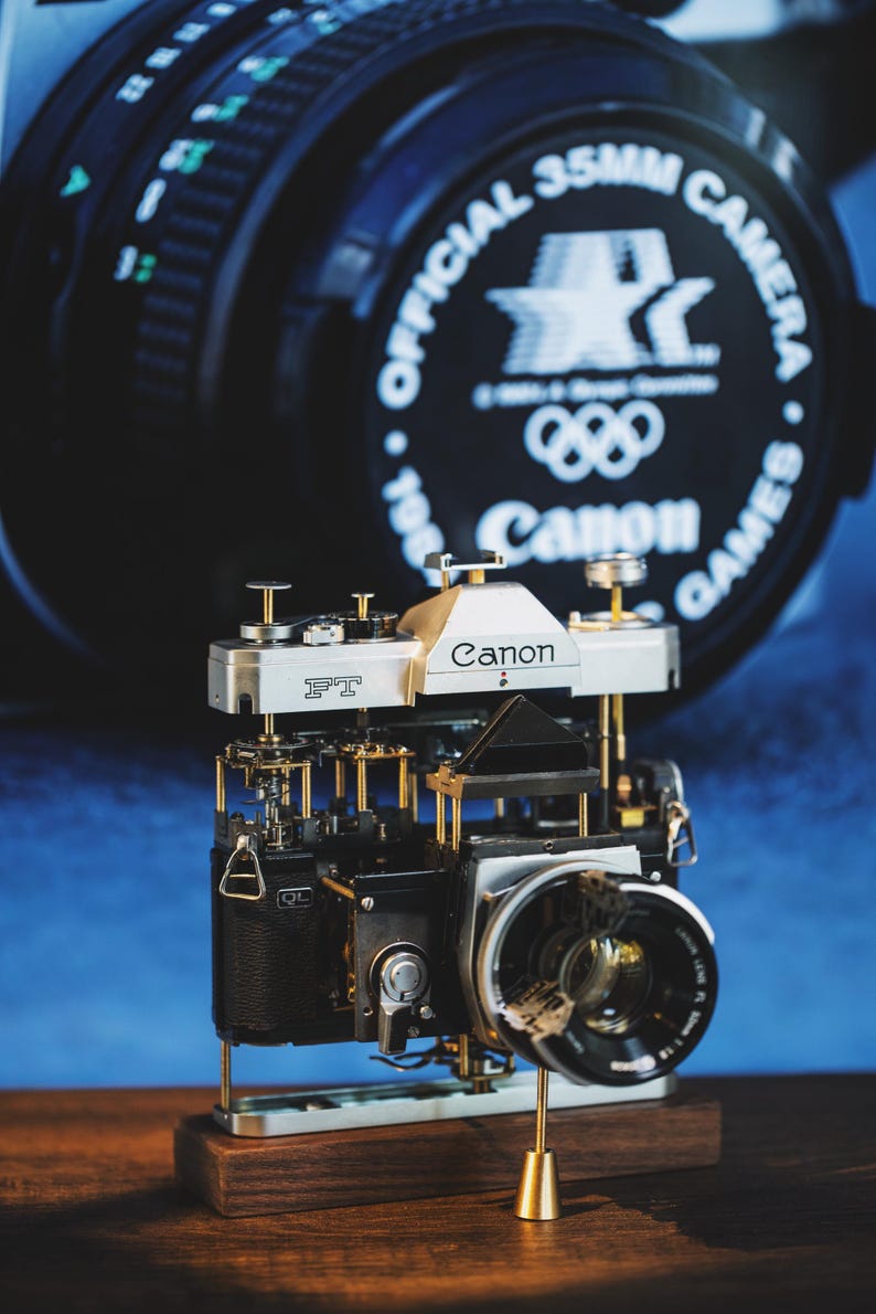 Disassembled Mechanical Film Camera, Deconstructed Canon AE-1 Canon FT, Canon Camera Disassembly, Home Decor, Camera Art, Camera Teardown Canon FT & Cut lens