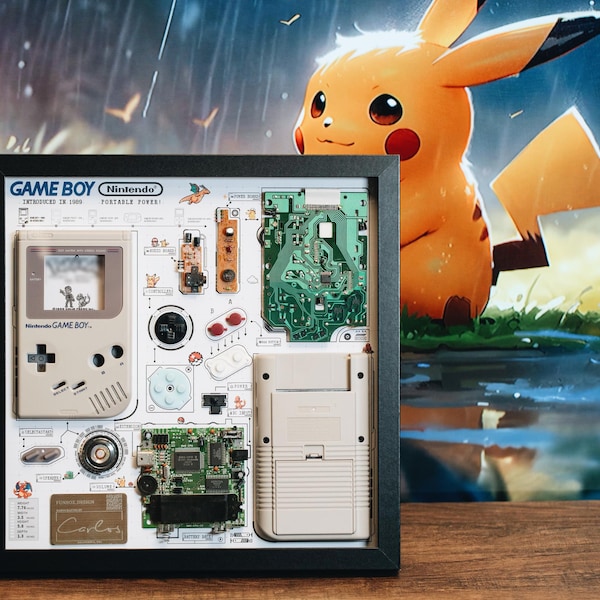 Gameboy desmontado con marco, arte para desmontar, desmontaje de Gameboy, arte de pared con marco, decoración de pared, primer Gameboy, desmontaje de Gameboy, decoración de juegos
