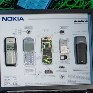 Disassembled Nokia 1100 Art With Frame, Disassemble Art, Framed Nokia 1100, Nokia Phone Teardown, Unique Gift For Him, Tech Wall Art