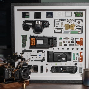 Disassembled Nikon F50 Camera with Frame, Deconstructed Camera Art, Framed Camera Teardown Parts, Modern Wall Decor, Home Office Decor