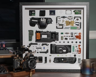 Disassembled Nikon F50 Camera with Frame, Deconstructed Camera Art, Framed Camera Teardown Parts, Modern Wall Decor, Home Office Decor