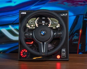 BMW M3 Steering Wheel LED Frame Display with Real Wheel and Key, Handmade Automotive Wall Decor for Collectors and Car Lovers