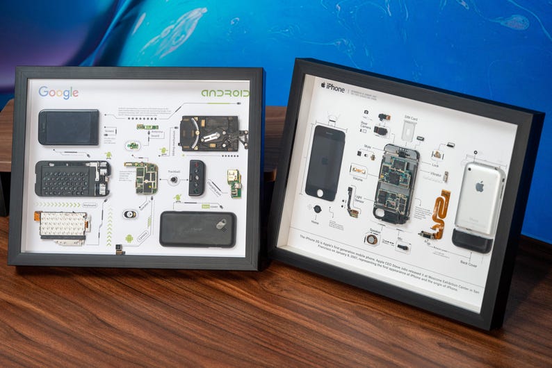 Lote de arte de teléfono desmontado (iPhone 1 y HTC Dream G1), lote de teléfono enmarcado, desmontaje de teléfono iOS y Android, arte mural para teléfono, decoración del hogar imagen 4