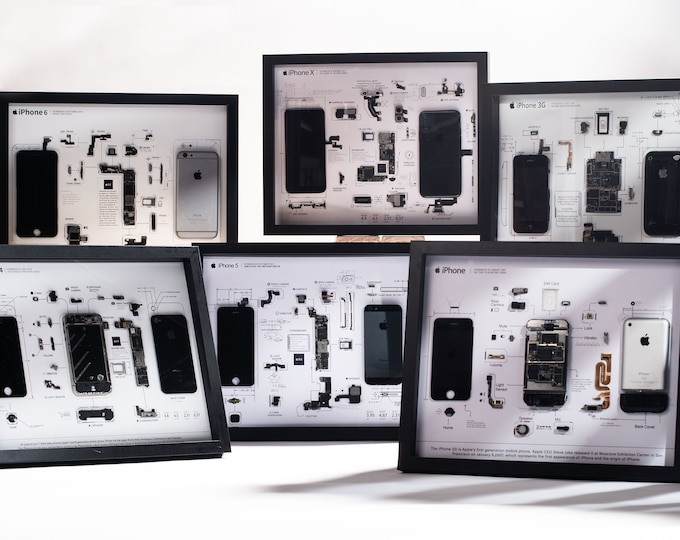 Disassembled iPhone Art With Frame, Disassemble Art Frame iPhone 1 iPhone 3g iPhone 4 iPhone 5 iPhone 6 iPhone x, Gift For Apple Fans