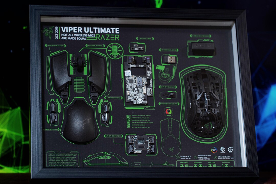 Razer Viper Ultimateの分解アート、ゲーミングマウスのディスプレイ