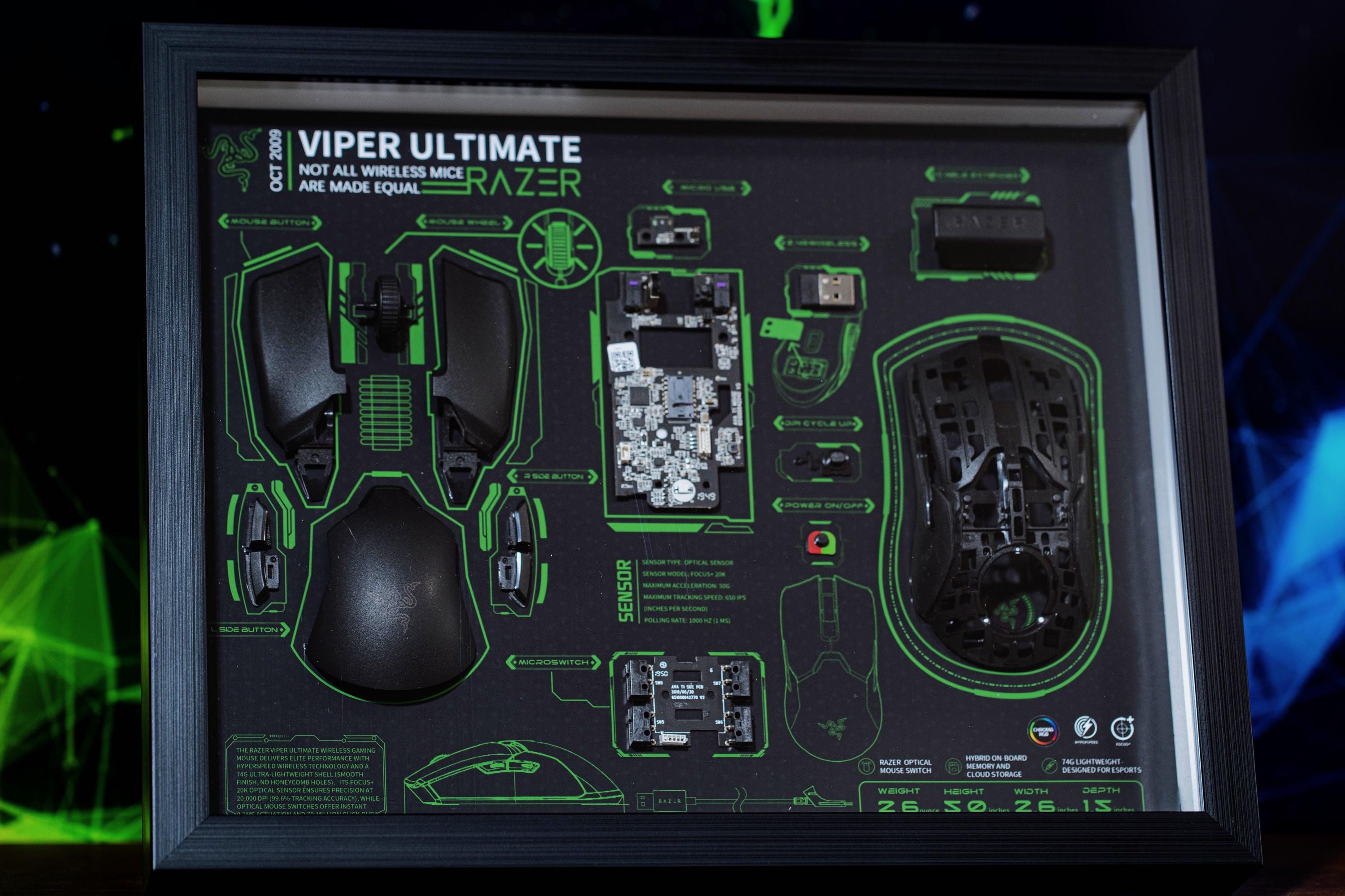 Razer Viper Ultimateの分解アート、ゲーミングマウスのディスプレイ