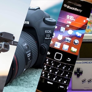 May include: A collage of four images showcasing different technological devices: a black drone, a black Canon EOS 5D Mark IV camera, a black BlackBerry smartphone with a touchscreen and a physical keyboard, and a gray Game Boy handheld gaming console with red buttons.