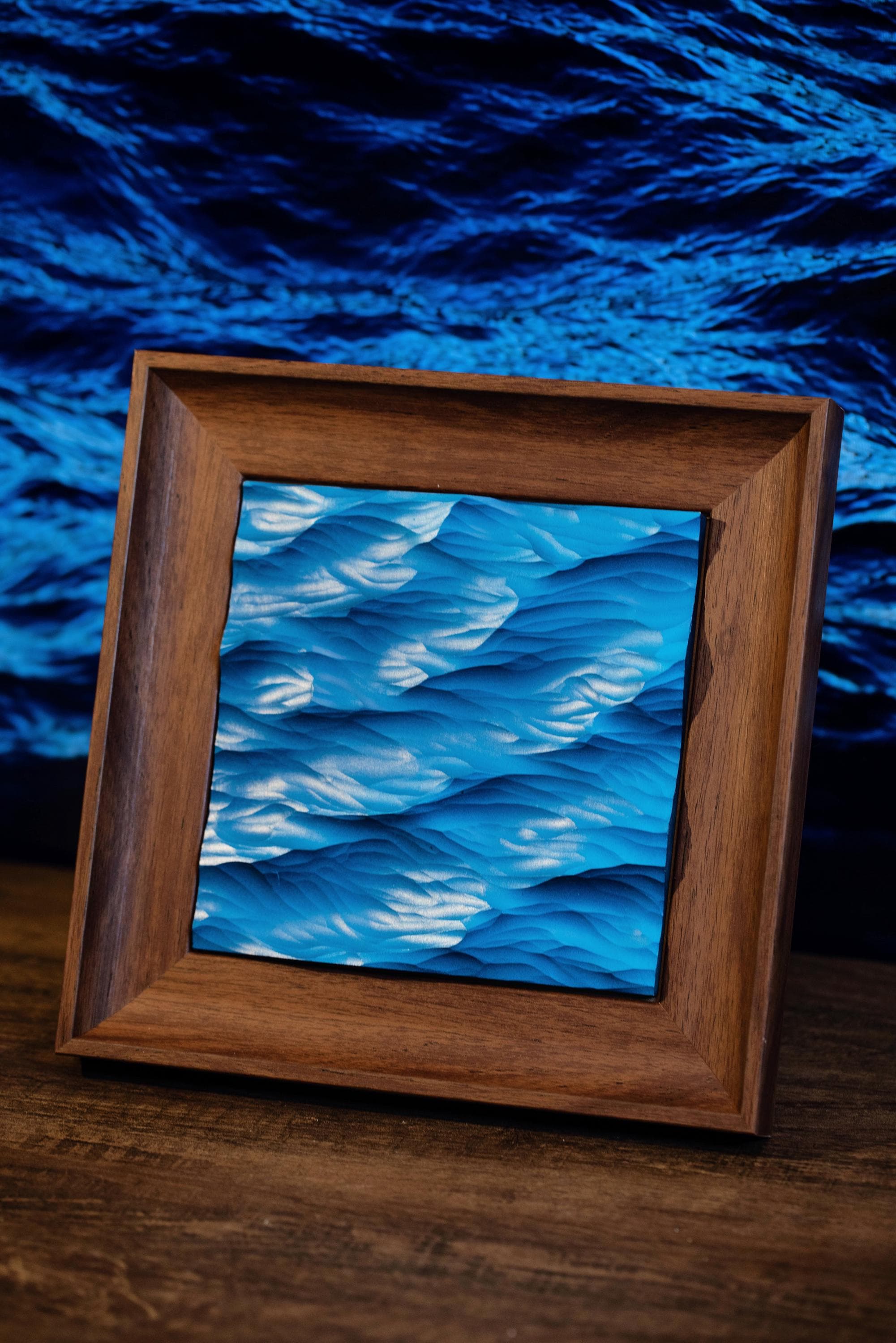 Ocean Wave Wood Carving, Walnut Frame Art, Elegant Home Decor