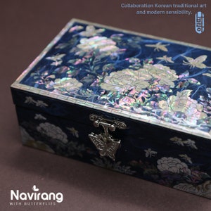 PEONY Schmuckschatulle Klein, Baumwollstoff Blau | Traditionelles koreanisches Perlmutt, Premium Handmade, Geschenk für Mutter, Freundin, Frauen, Mädchen