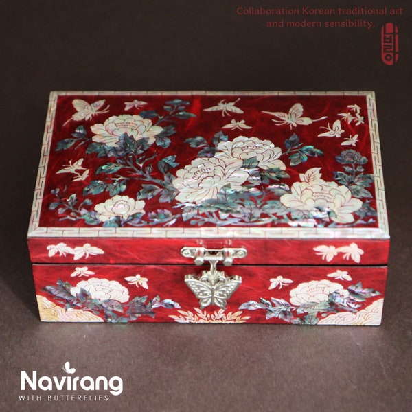 PEONY Jewelry Box - Small, Wine | Korean traditional mother-of-pearl, Premium Handmade, Gift for Mom, Girlfriend, Women, Girl