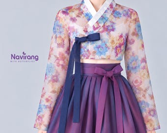 Korean Traditional Jeogori, Sheer Floral Hanbok Top, Colorful Flower Print Blouse, Limited Edition