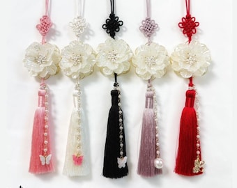 Custom Flower Pearl Norigae - Korean Handmade Traditional knot Tassel Charm | Hanbok Accessory, K-pop Norigae with Pearl, Tassel Keychain